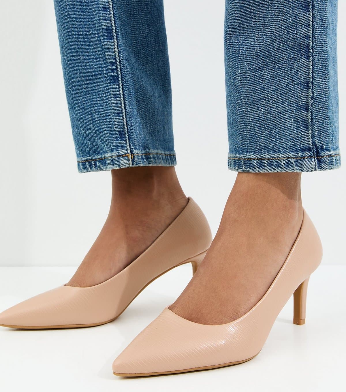 New Look Women's Light Pink Faux Leather Lizard Embossed Heeled Court Shoes Vegan New Look