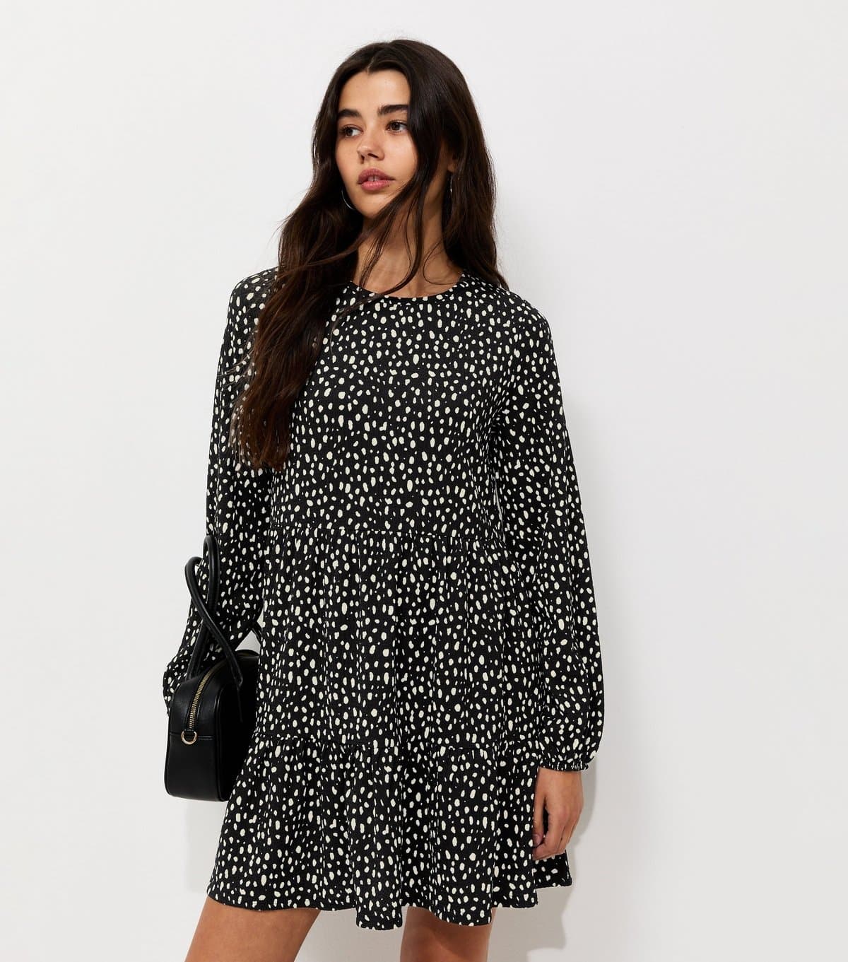 New Look Women's Black Abstract Pattern Crinkle Texture Mini Smock Dress New Look