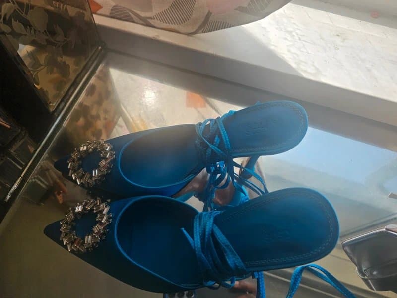 ASOS ASOS Design Blue Satin Embellished Lace-Up Heels – Size UK 9