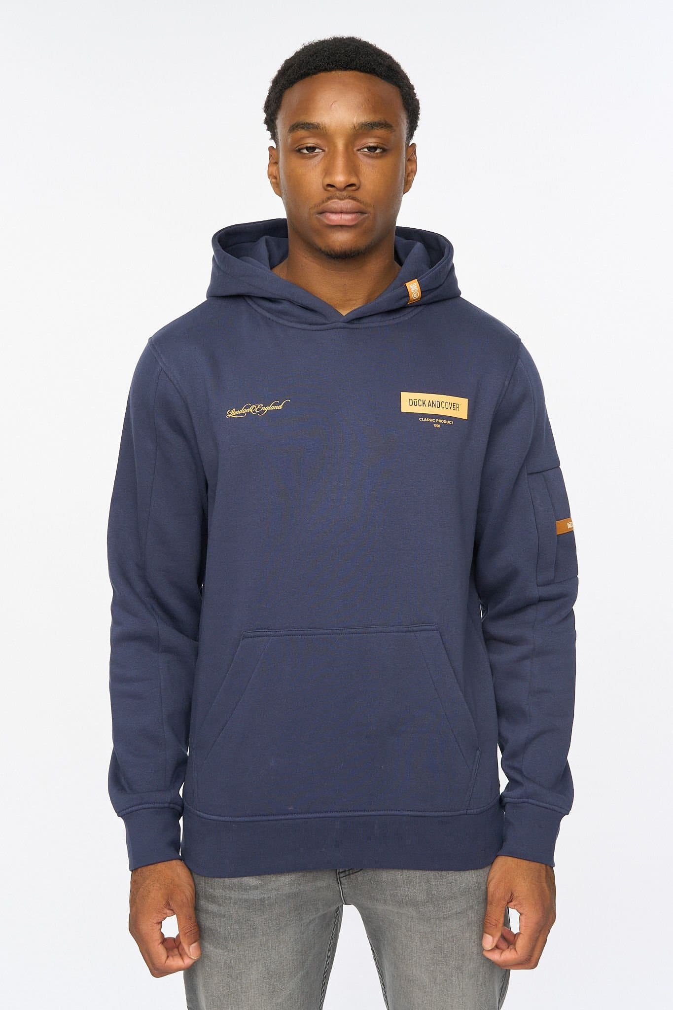 Duck&Cover Duck&Cover Men's Marsak V2 Men's Carbon Fleece Hoodie - Technical Sleeve Pocket & Multi-Textured Graphic Print in Indigo