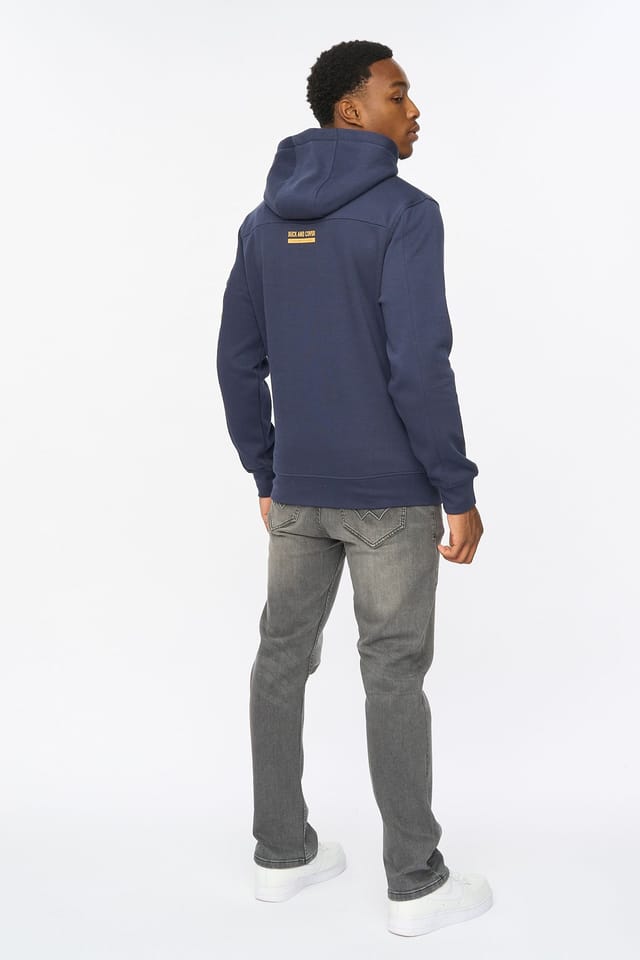 Duck&Cover Duck&Cover Men's Marsak V2 Men's Carbon Fleece Hoodie - Technical Sleeve Pocket & Multi-Textured Graphic Print in Indigo - 2