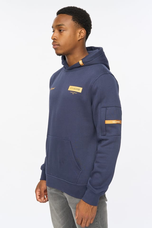 Duck&Cover Duck&Cover Men's Marsak V2 Men's Carbon Fleece Hoodie - Technical Sleeve Pocket & Multi-Textured Graphic Print in Indigo - 3