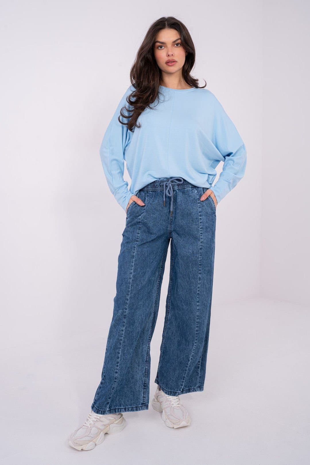 Love Lace Love Lace Women's High Waisted Wide Leg Cotton Jeans with Tie in Blue