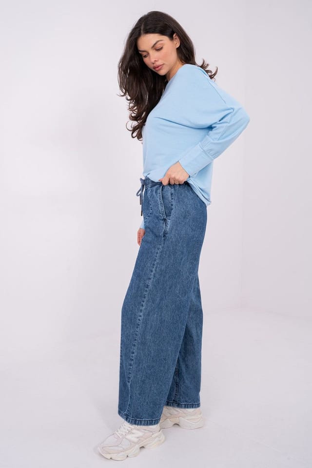 Love Lace Love Lace Women's High Waisted Wide Leg Cotton Jeans with Tie in Blue - 2