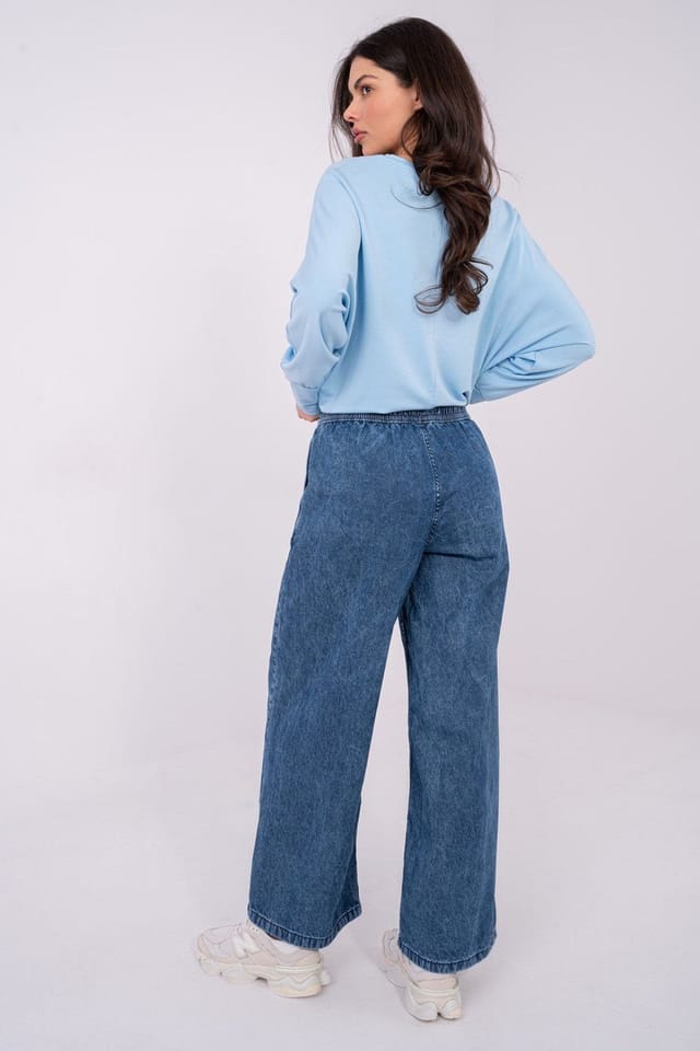 Love Lace Love Lace Women's High Waisted Wide Leg Cotton Jeans with Tie in Blue - 3
