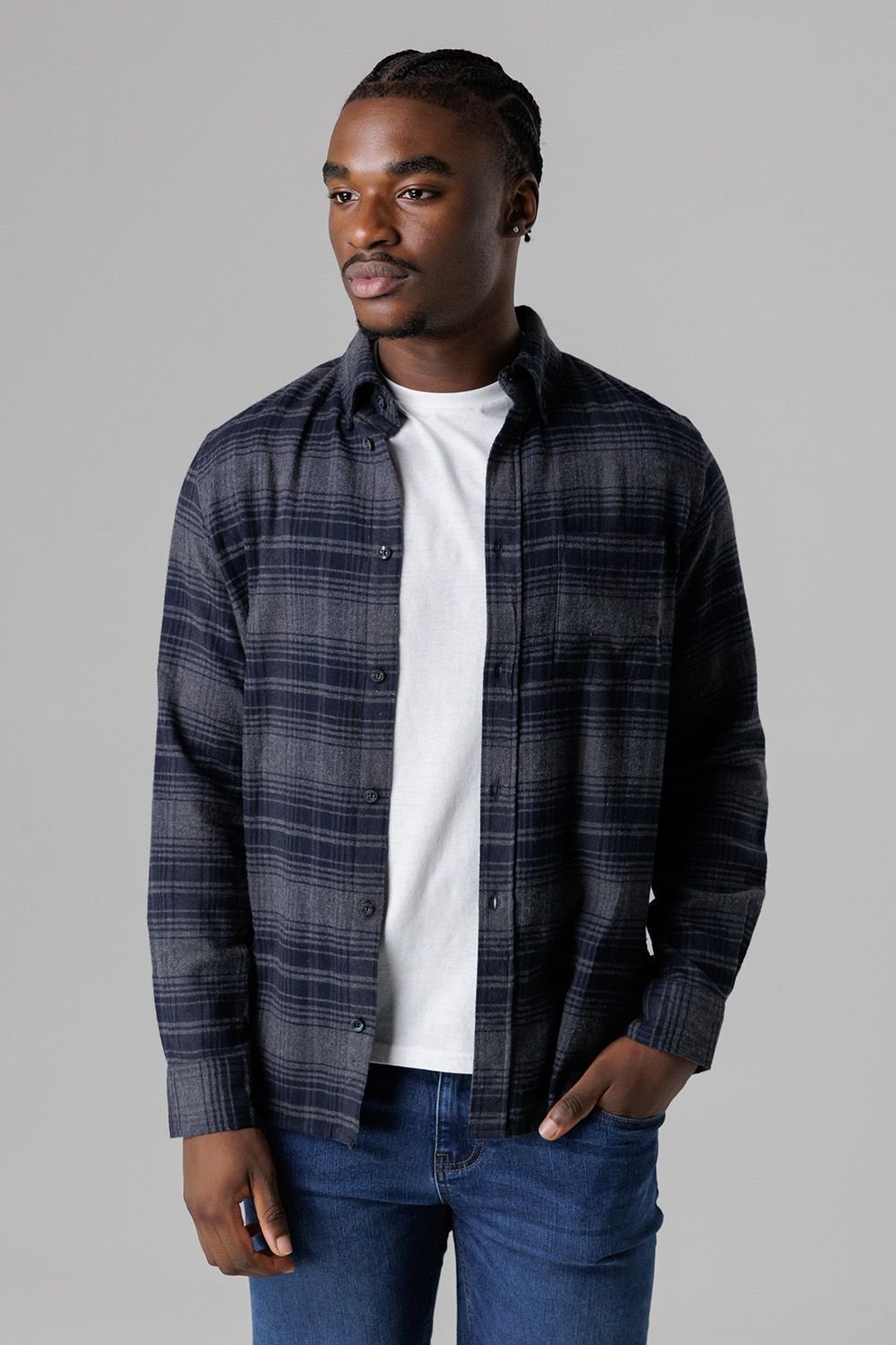 French Connection French Connection Men's Cotton Flannel Long Sleeve Shirt in Charcoal - 3