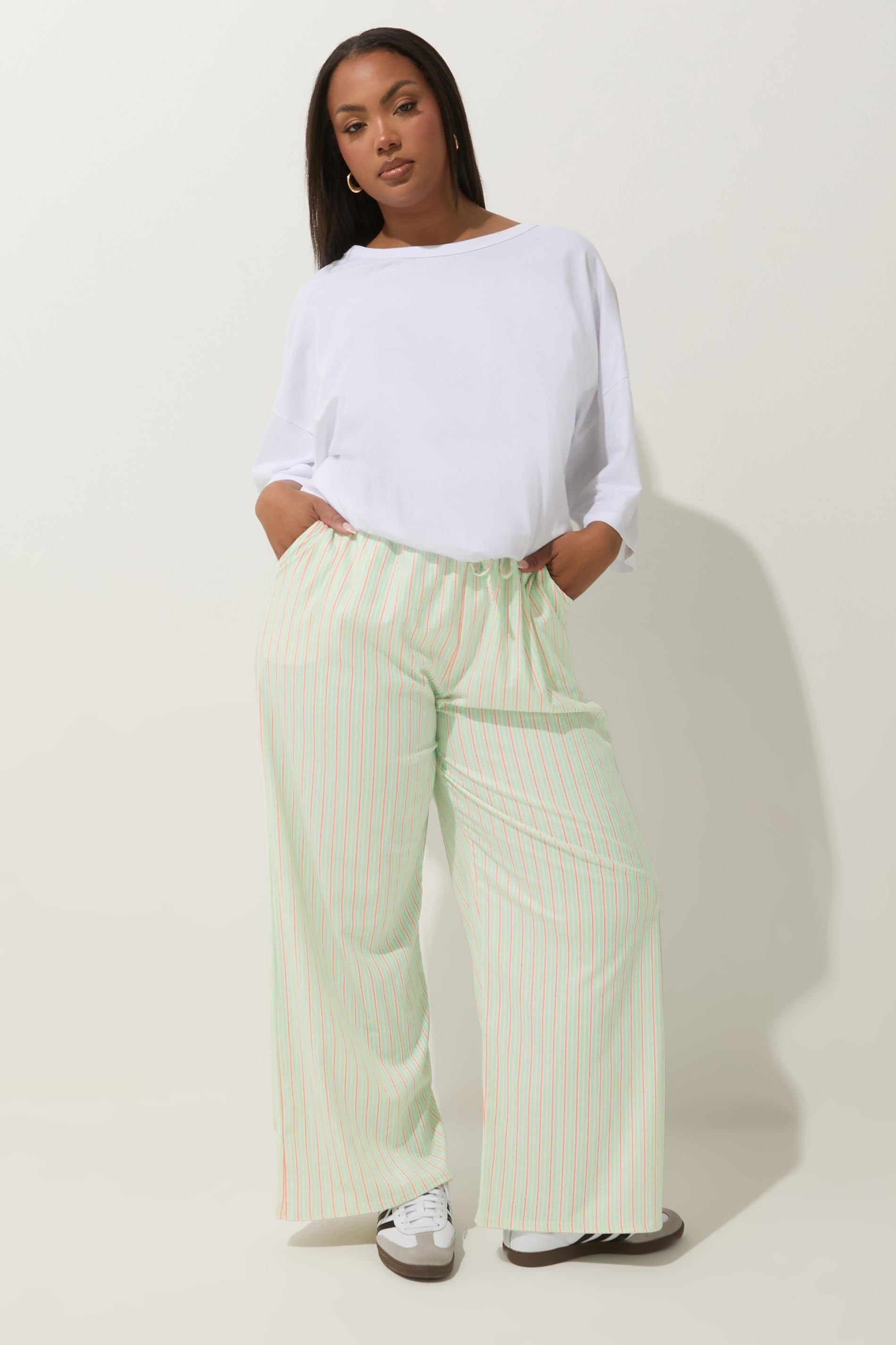 Limited Collection Plus Size Mint Green & Pink Stripe Wide Leg Trousers