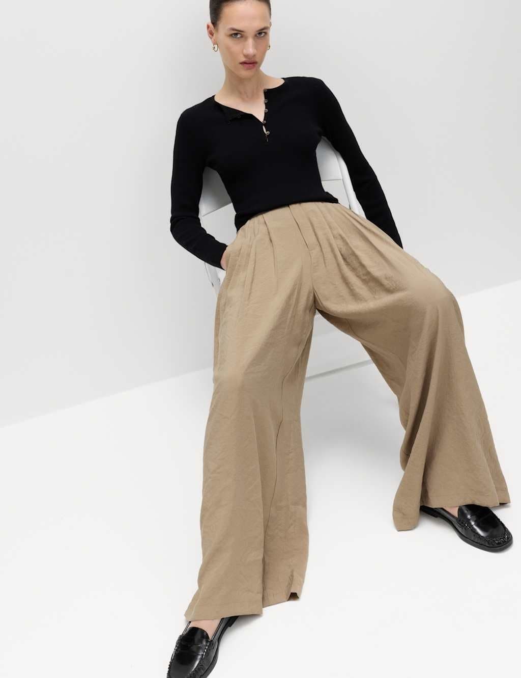 Marks & Spencer M&S Pleat Front Palazzo Trousers Mocha