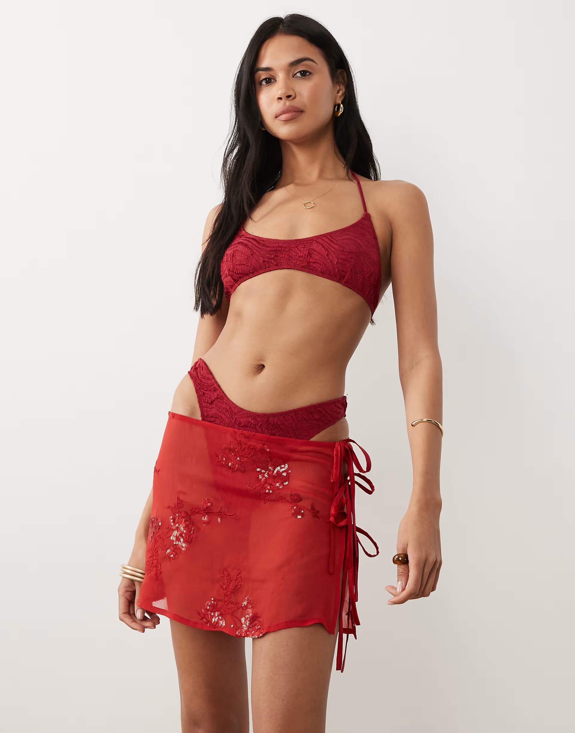 ASOS Miss Selfridge beach floral sequin mini tie side sarong in red