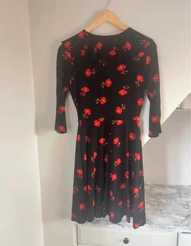 F&F F&F Black Red Ruffled Collar Long Sleeve Tie Floral Print Dress Size 6 New with Tags
