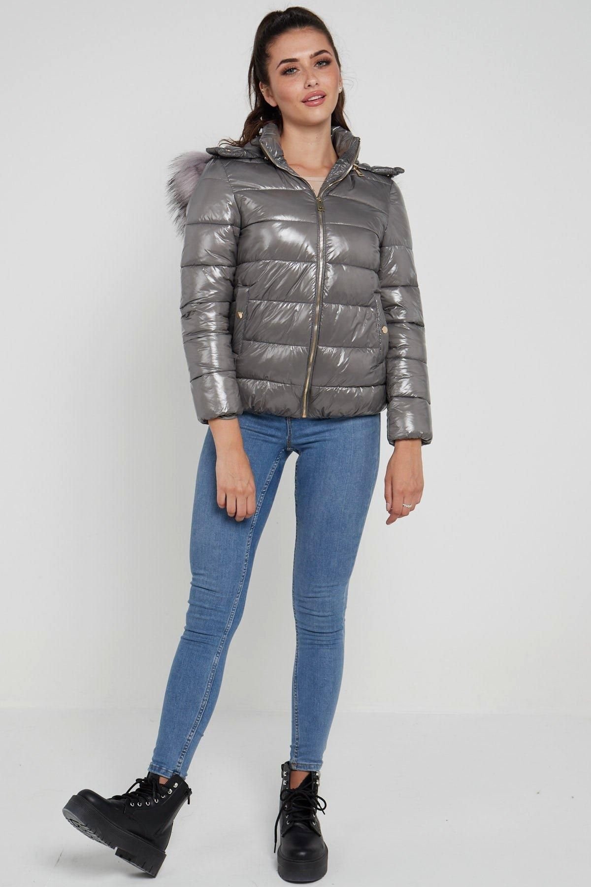 Love Sunshine Love Sunshine Women's Elastic Waist Shiny Puffer Jacket with Faux Fur on Hood in Grey - 2