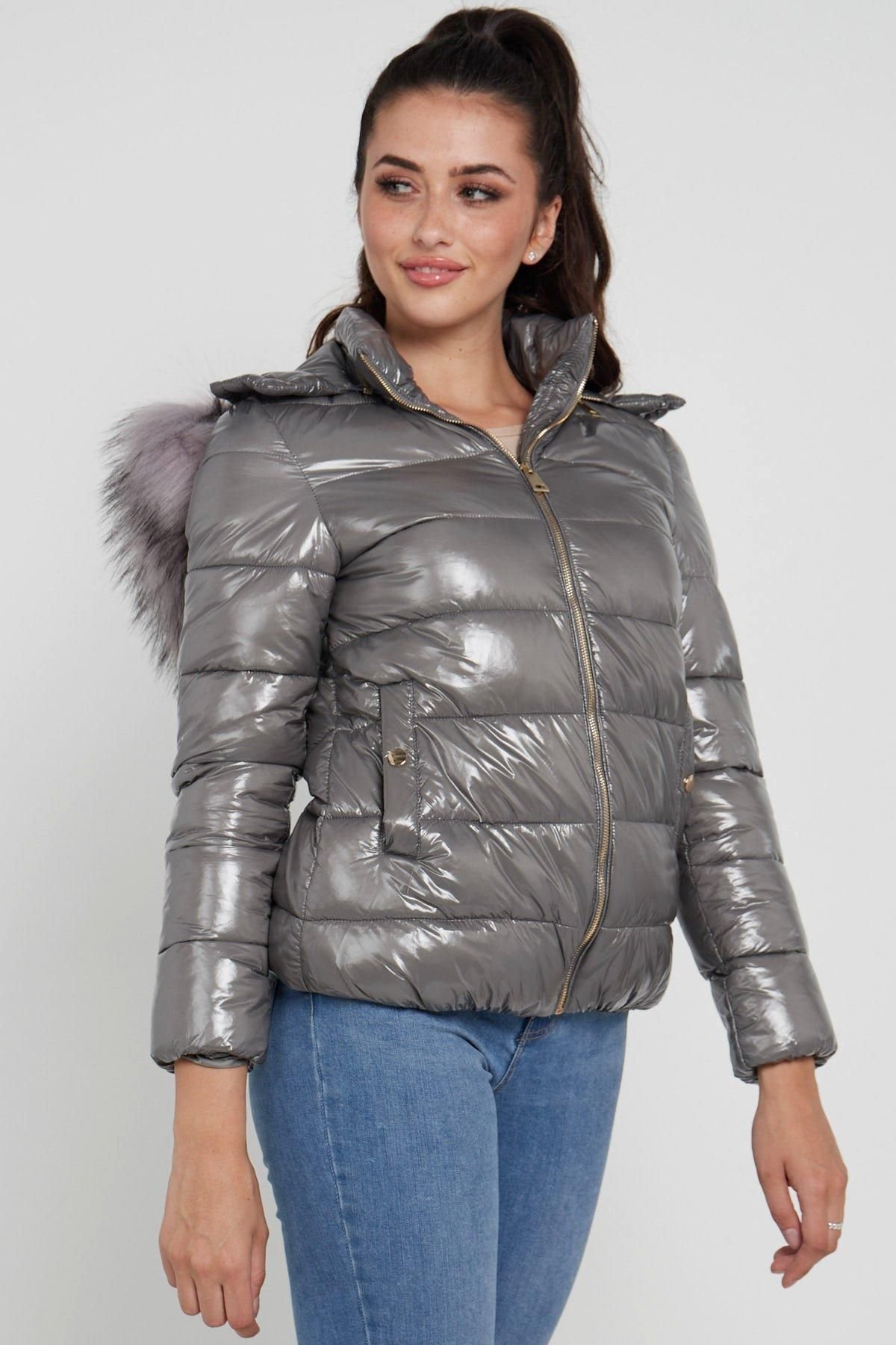 Love Sunshine Love Sunshine Women's Elastic Waist Shiny Puffer Jacket with Faux Fur on Hood in Grey - 3