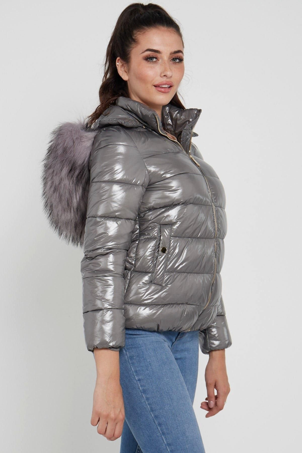 Love Sunshine Love Sunshine Women's Elastic Waist Shiny Puffer Jacket with Faux Fur on Hood in Grey - 4