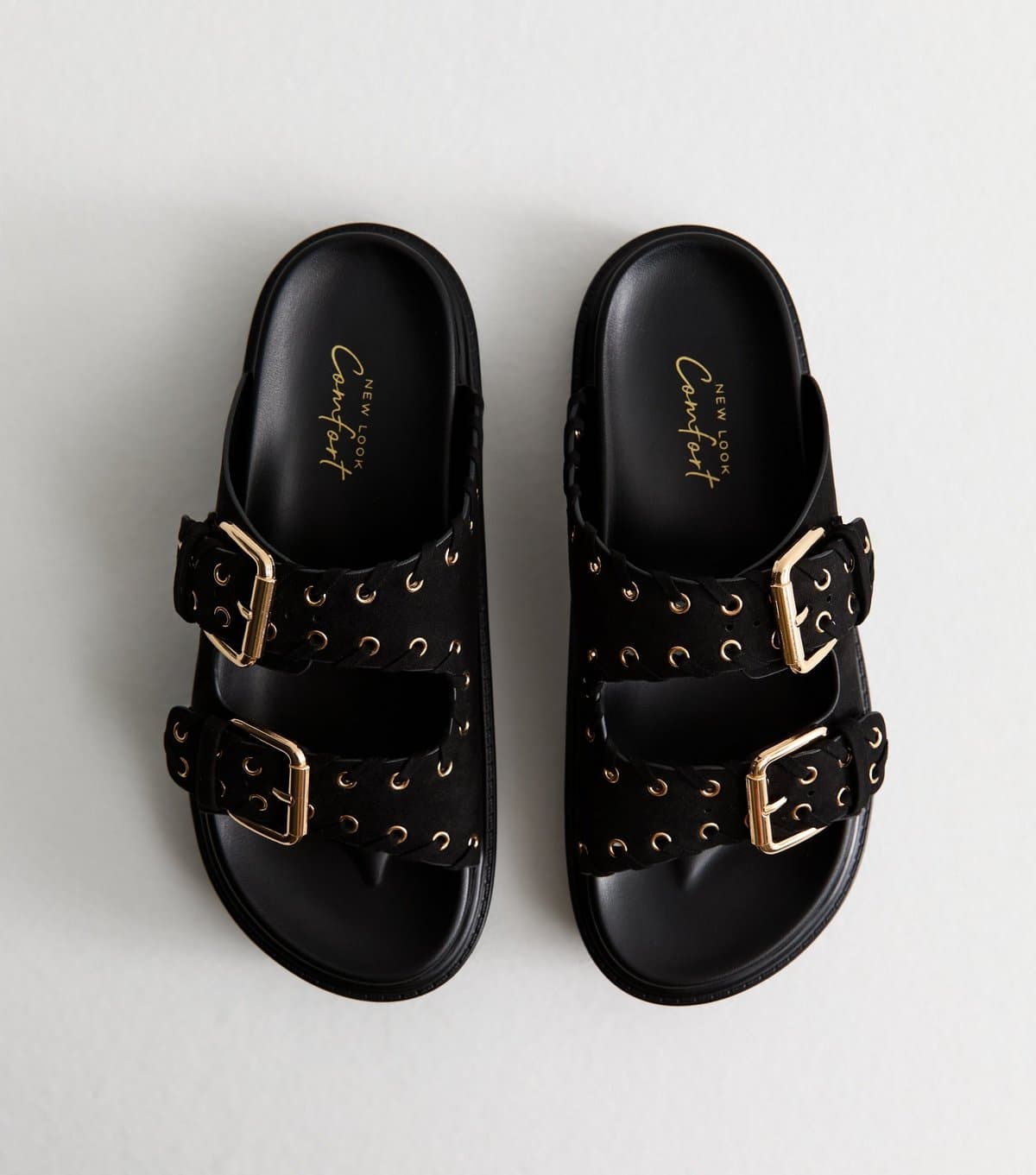 New Look Women's Black Faux Suede Eyelet Embellished Flatform Sandals New Look