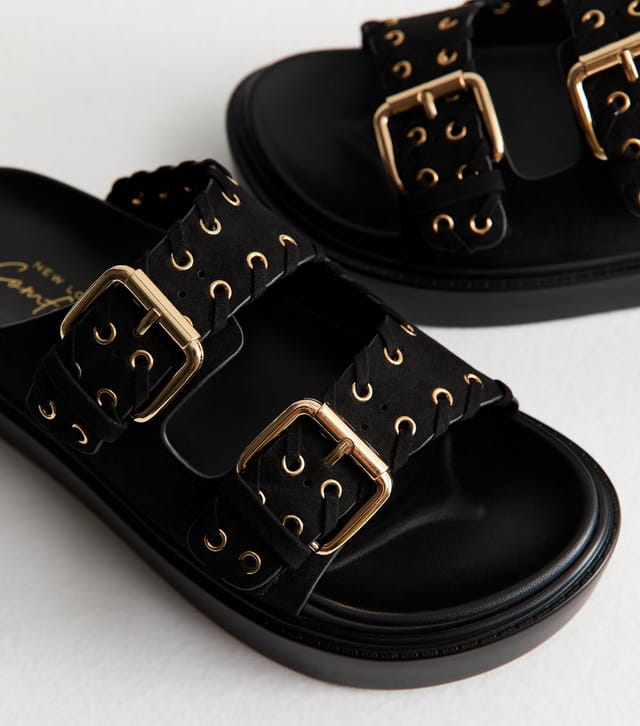 New Look Women's Black Faux Suede Eyelet Embellished Flatform Sandals New Look - 3