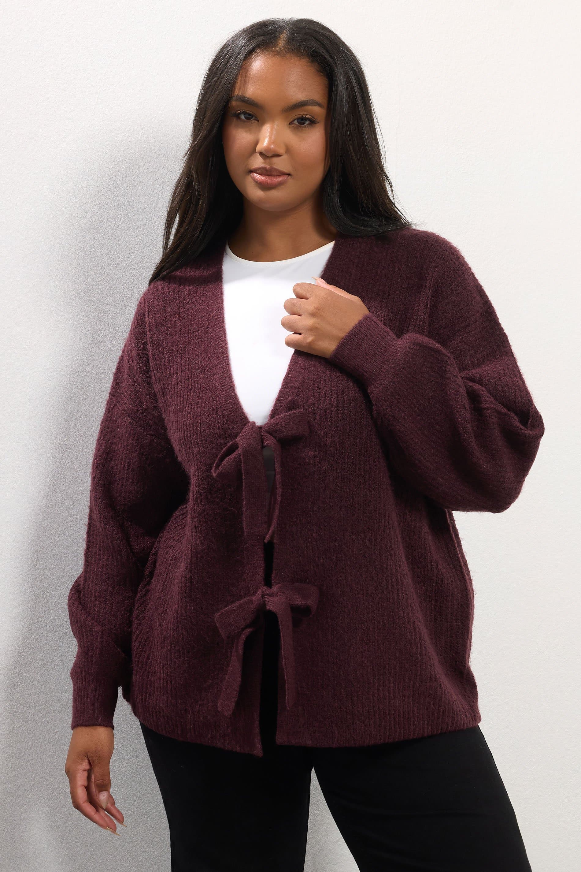 Yours Plus Size Wine Red Bow Tie Front Cardigan