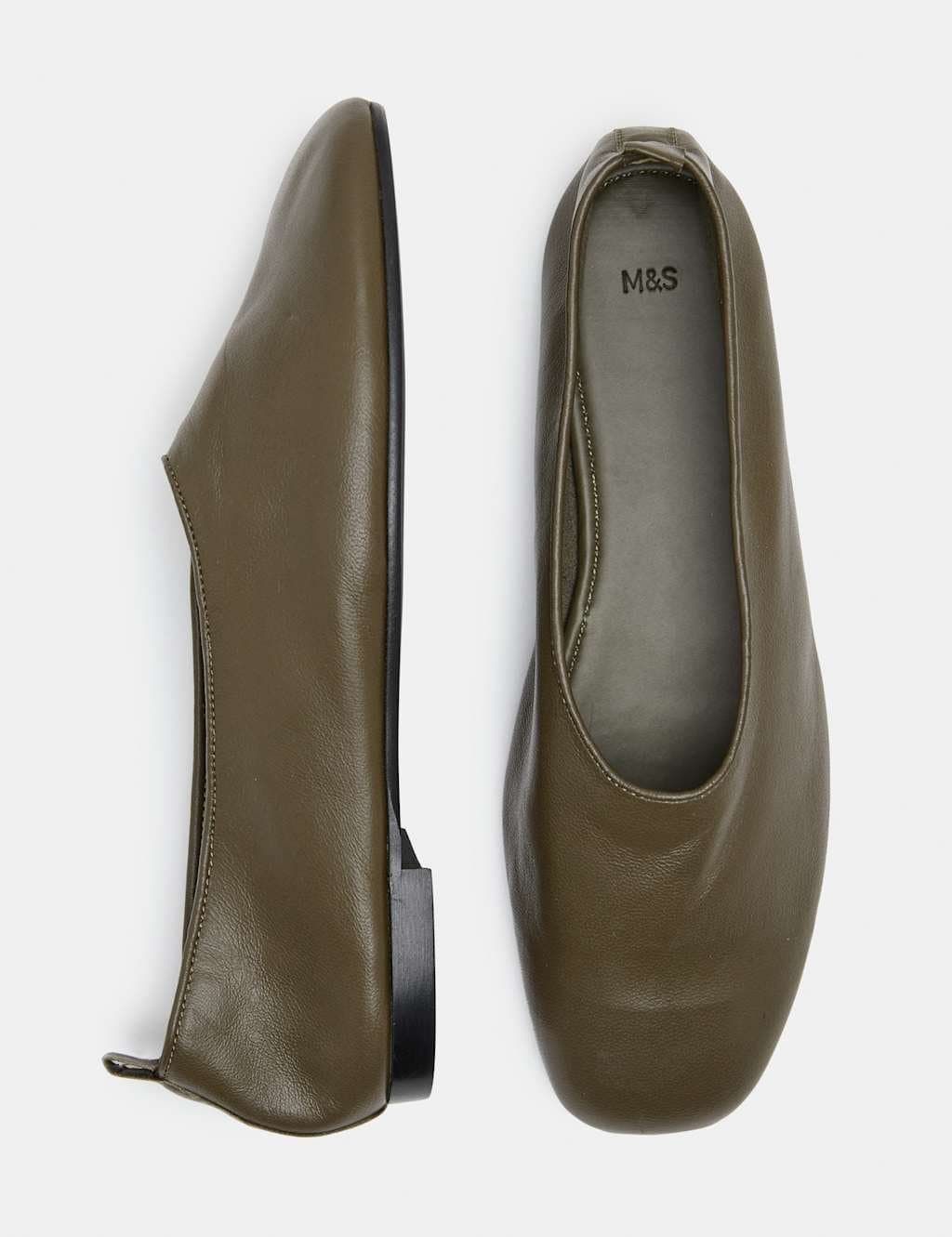 Marks & Spencer M&S Leather High Vamp Flat Ballet Pumps Olive