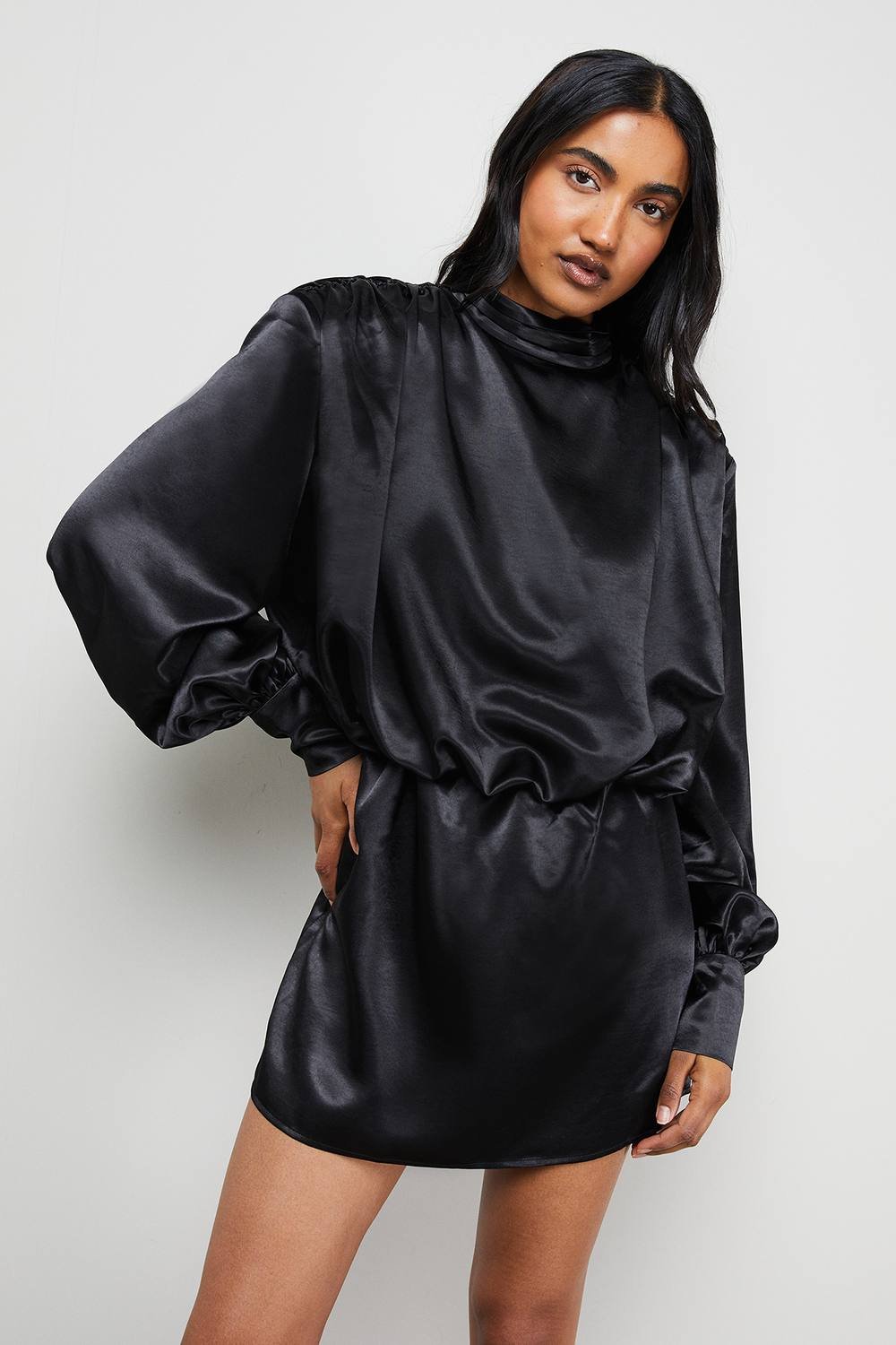 Warehouse Warehouse Women's Extreme Shoulder Draped Satin Mini Dress in Black - 2