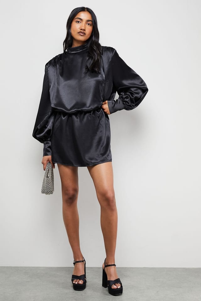 Warehouse Warehouse Women's Extreme Shoulder Draped Satin Mini Dress in Black - 2