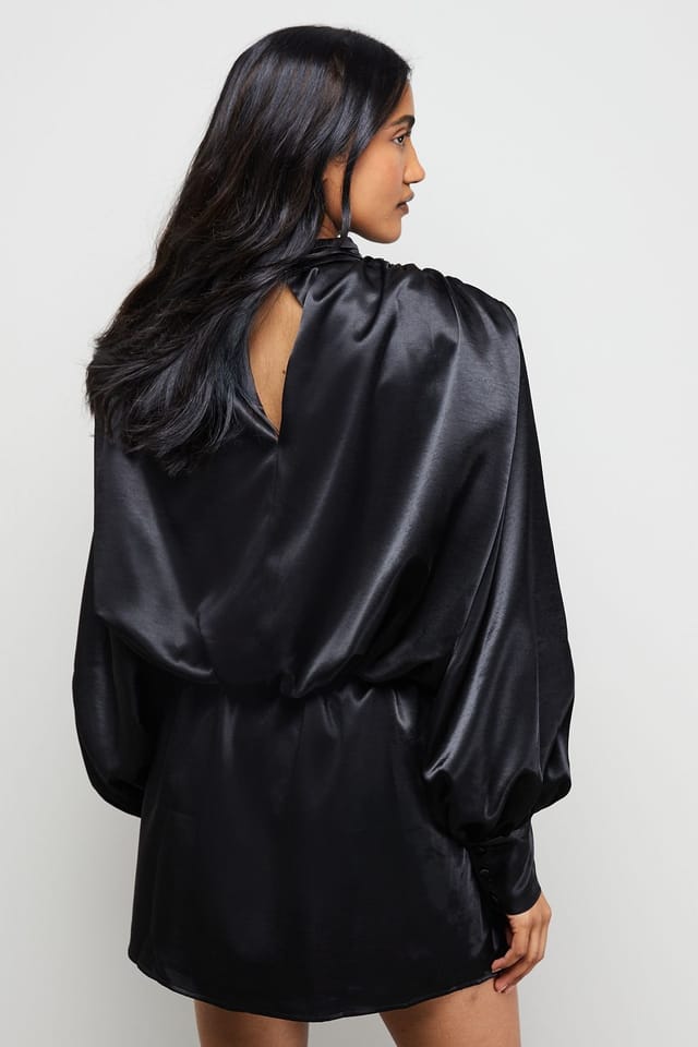 Warehouse Warehouse Women's Extreme Shoulder Draped Satin Mini Dress in Black - 3