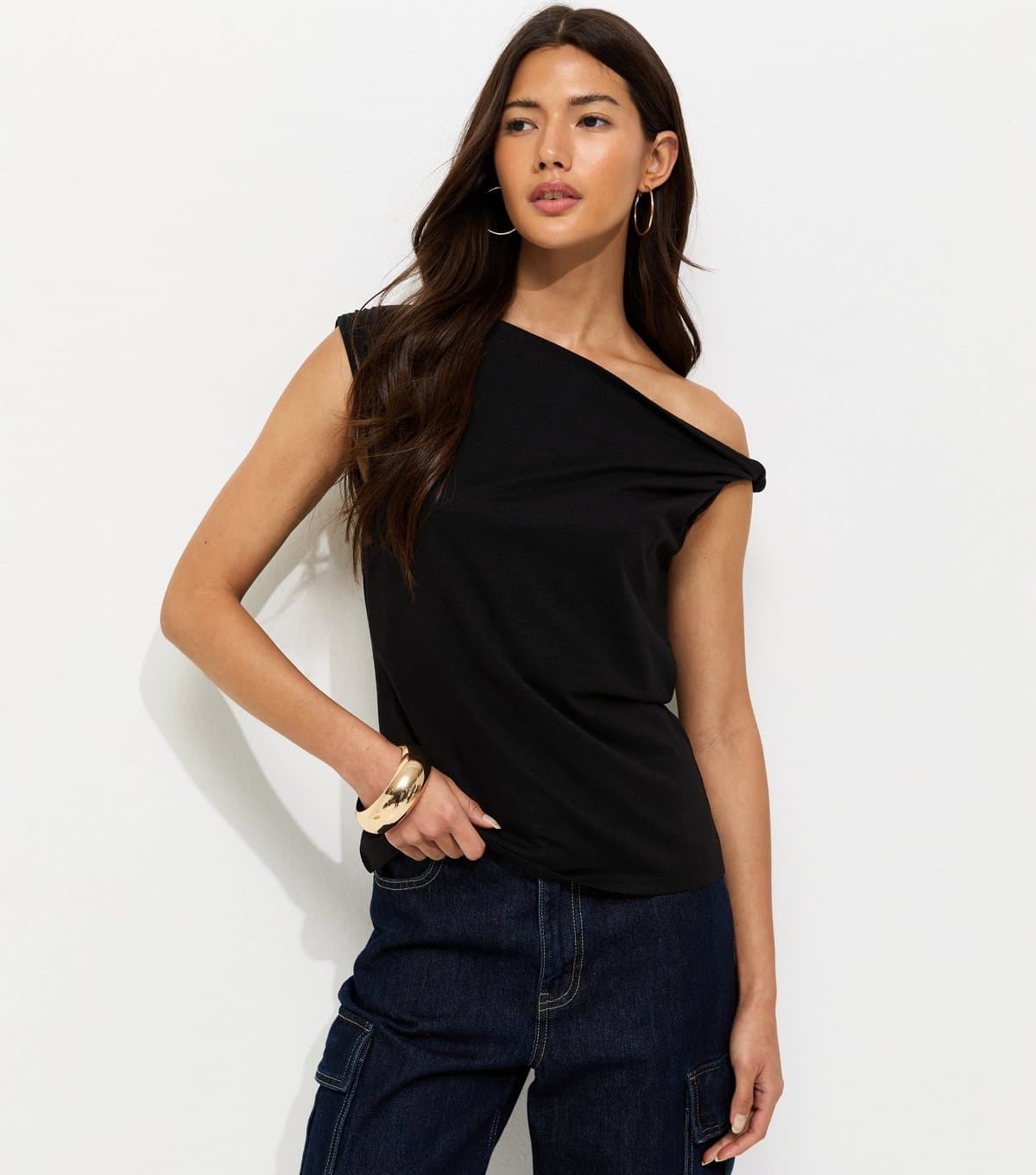 New Look Women's Black Textured Twist Shoulder Top New Look