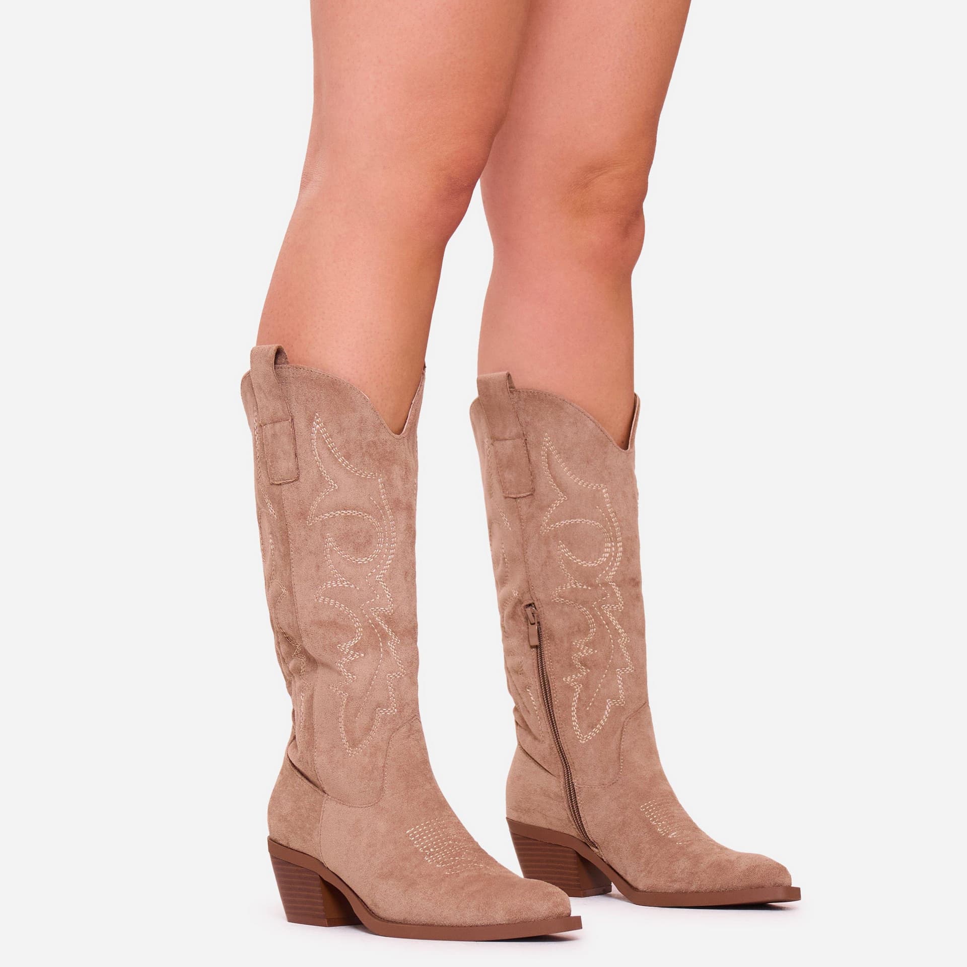 EGO Marzz Embroidered Detail Pointed Toe Mid Calf Western Cowboy Boot In Taupe Faux Suede, Women's Size UK 3