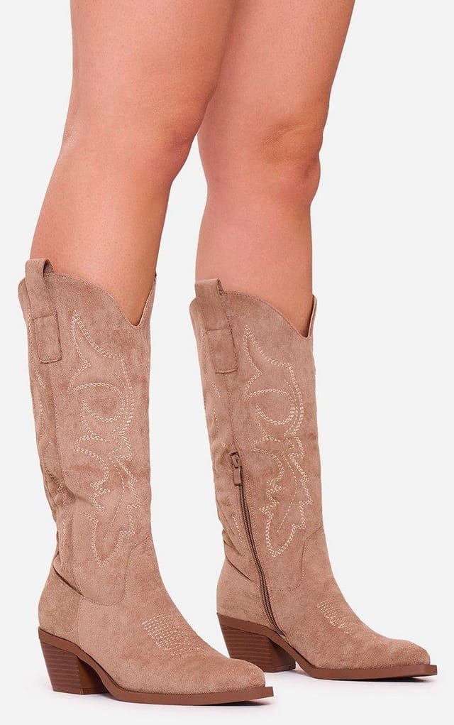 EGO Marzz Embroidered Detail Pointed Toe Mid Calf Western Cowboy Boot In Taupe Faux Suede, Women's Size UK 3 - 2