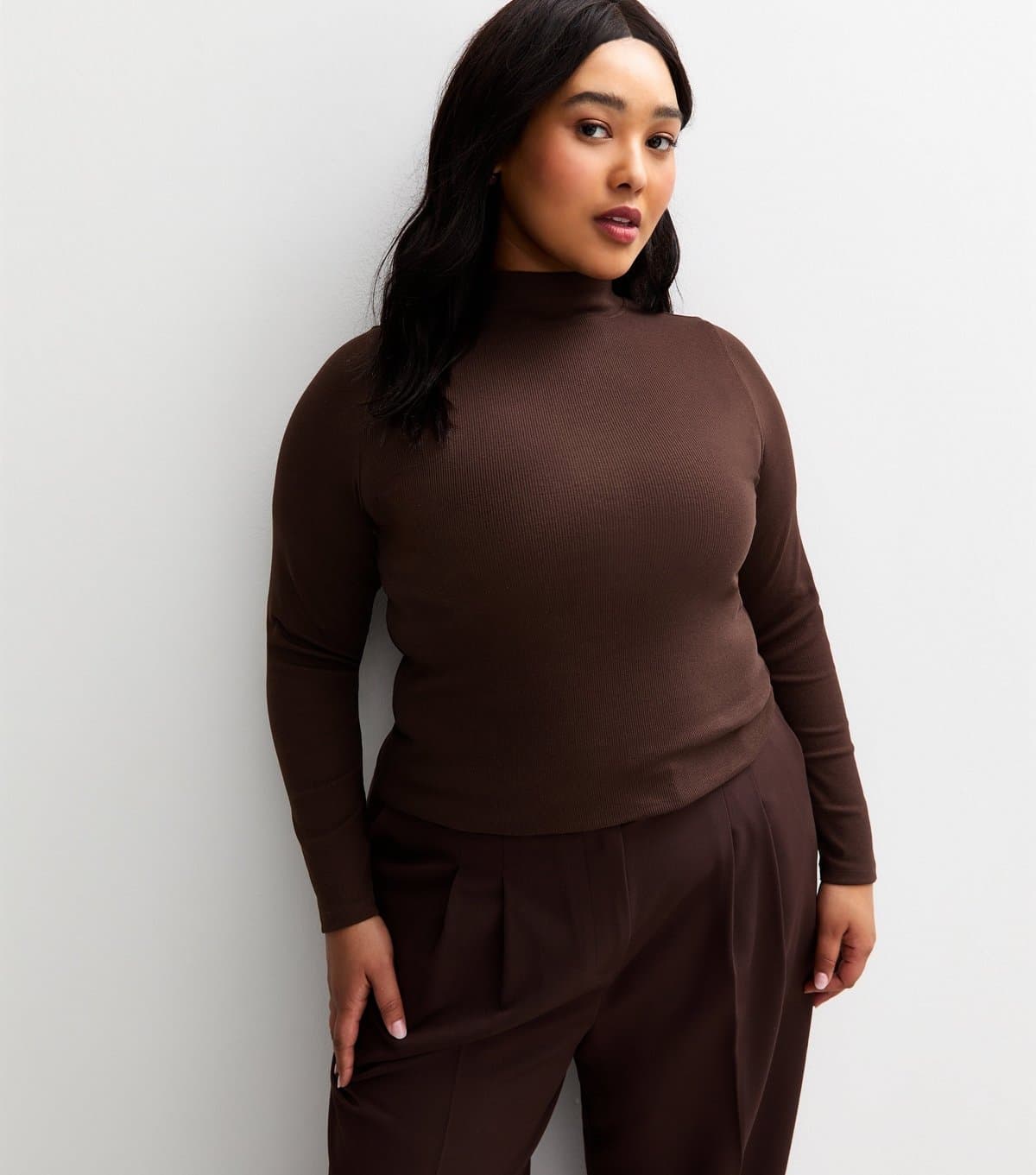 New Look New Look Plus Size Dark Brown High Neck Long Sleeve Top