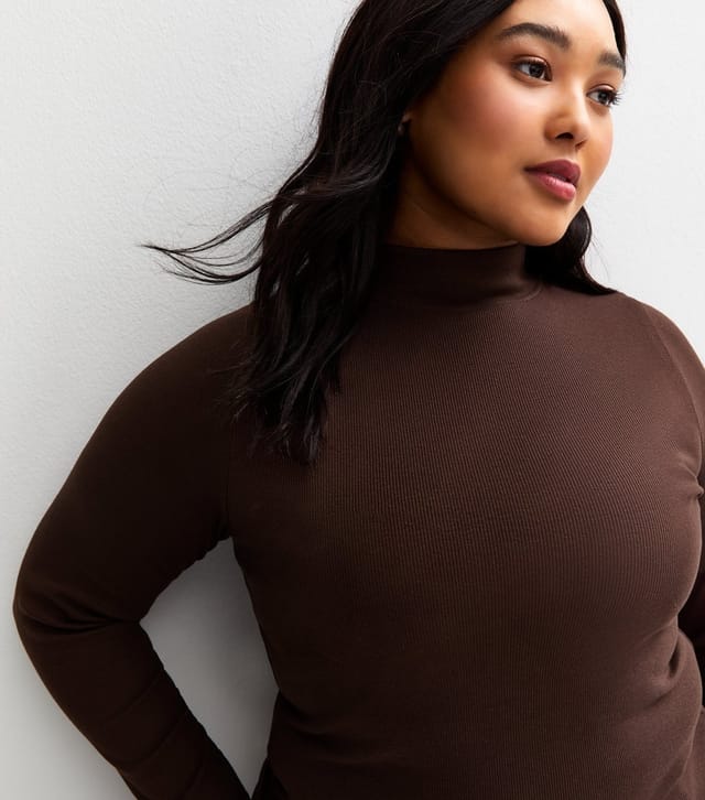 New Look Women's Plus Size Dark Brown Long Sleeve High Neck Top Curves New Look - 2