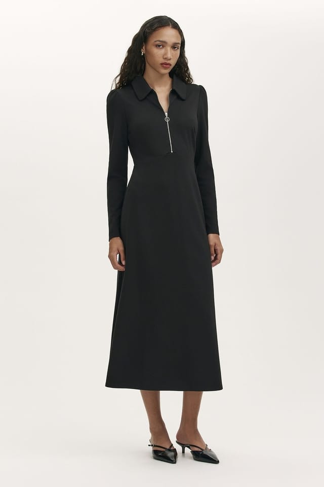 Finery London Finery London Women's Petite Elvira Ponte Zip Front Midi Dress in True Black - 2