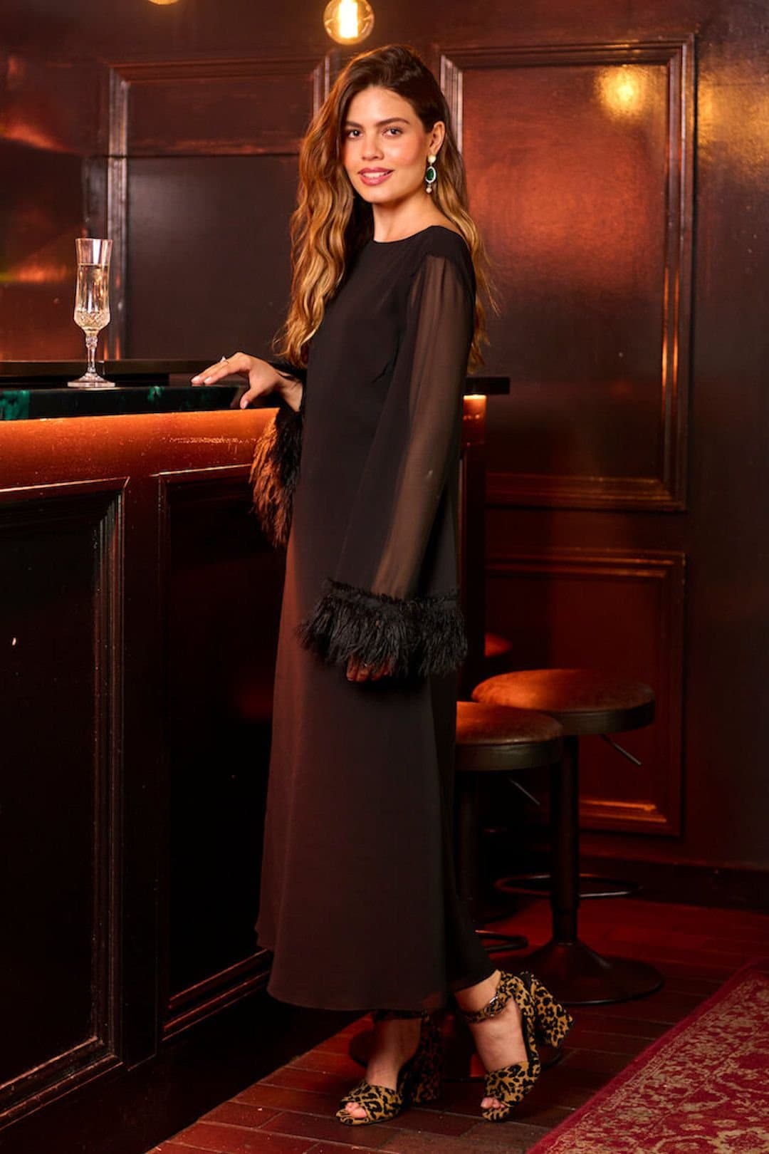 Needs No Label Needs No Label Women's Black Feathered Trim Midaxi Dress