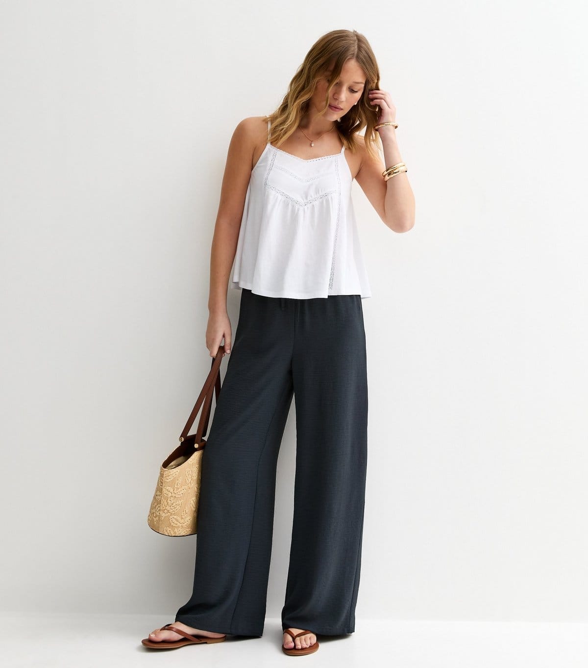 New Look Navy Wide-Leg Trousers with Drawstring Waist