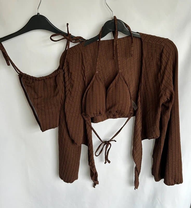 Shein SHEIN Brown Textured 3-Piece Bikini Set with Long Sleeve Shrug - Size M (10)