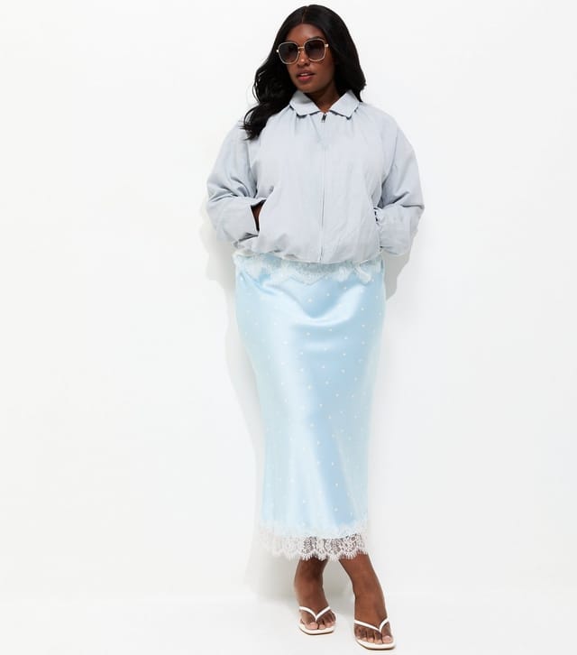 New Look Women's Plus Size Blue Satin Polka Dot Lace Trim Midi Skirt Curves New Look - 3