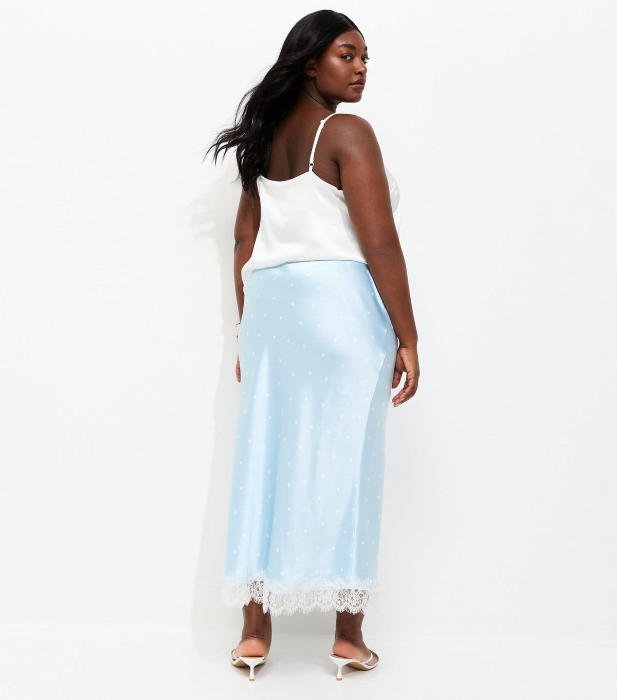 New Look Women's Plus Size Blue Satin Polka Dot Lace Trim Midi Skirt Curves New Look - 4
