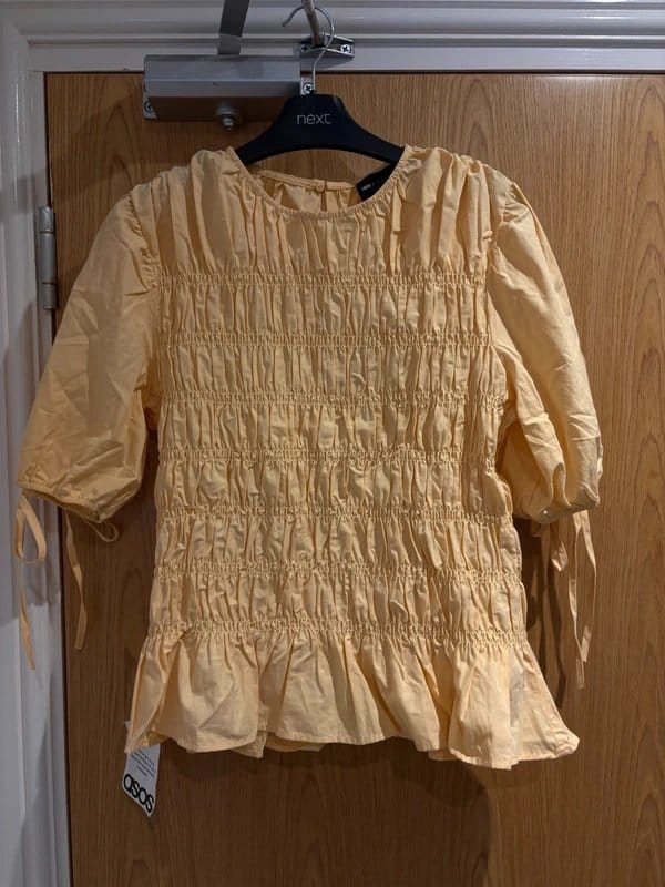 ASOS Design Asos yellow shirred ruched top with puff sleeves and tie details size 12, brand new - 1