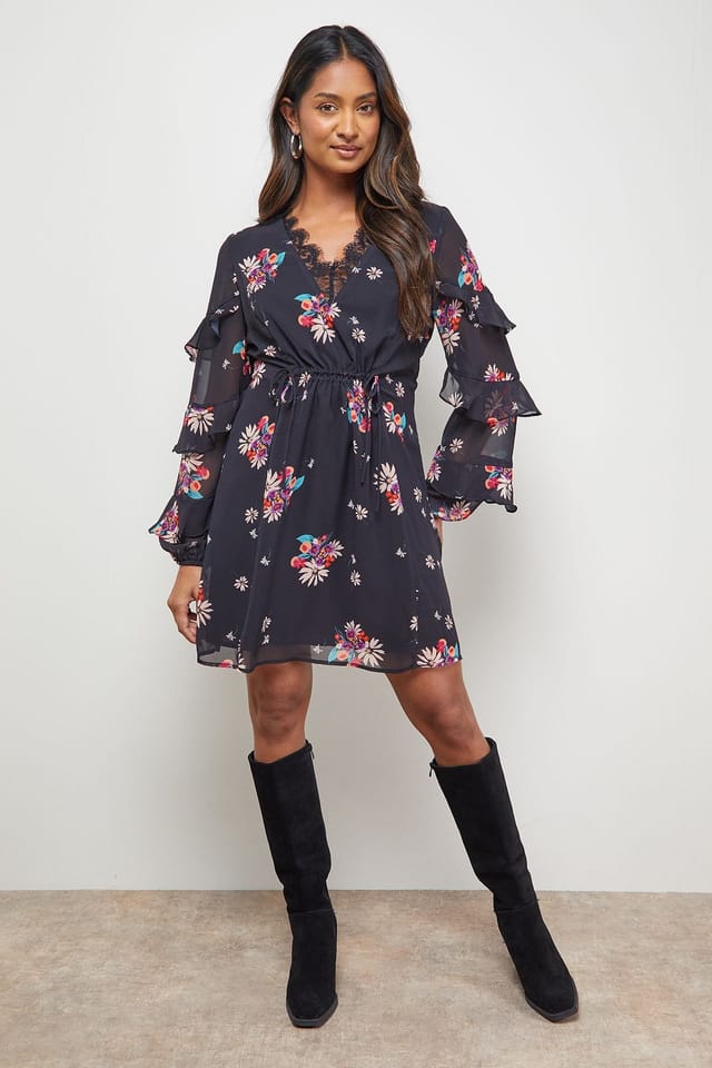 Oasis Oasis Women's Printed Lace Detail Frill Sleeve Mini Dress - 2