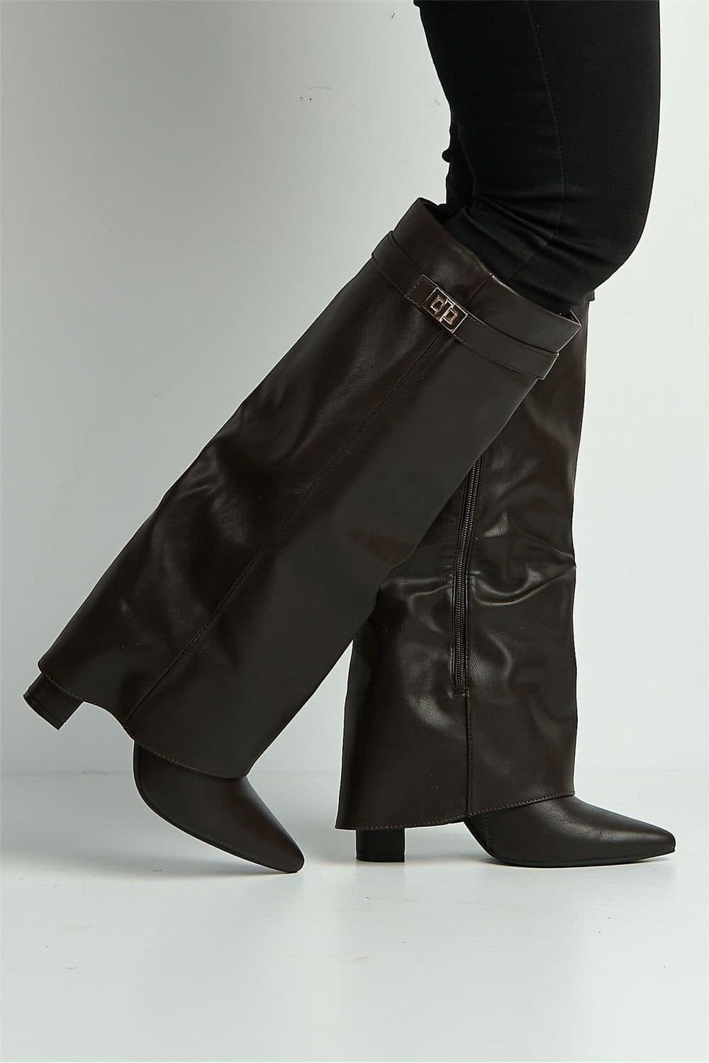 Miss Diva Miss Diva Women's Ayla Block Heel Pointy Toe Collared PU Calfboots with Clasp Detail in Brown