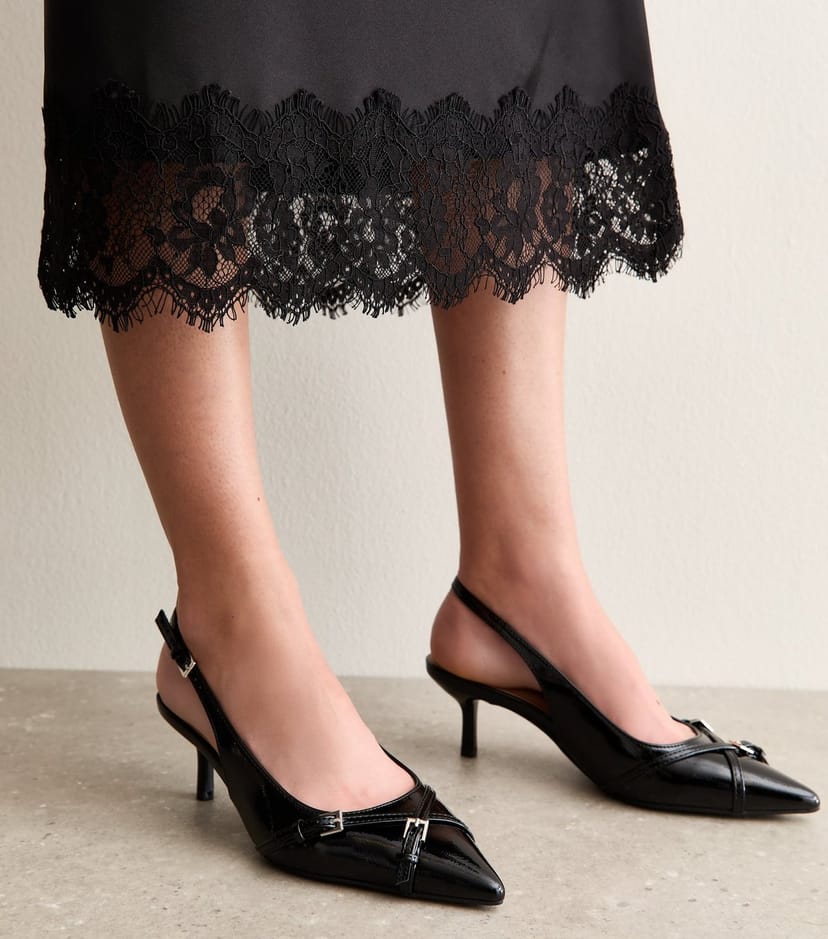 New Look Women's Black Buckle Detail Patent Slingback Court Shoes Vegan New Look - 1