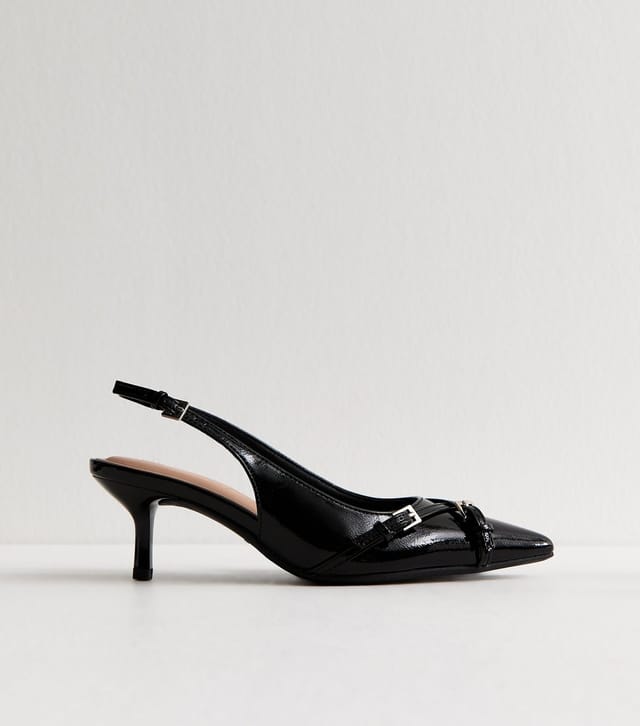 New Look Women's Black Buckle Detail Patent Slingback Court Shoes Vegan New Look - 2