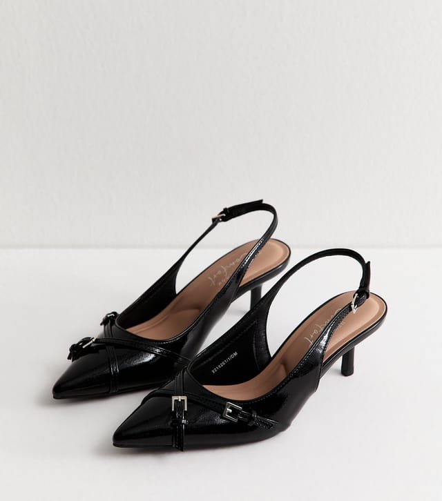 New Look Women's Black Buckle Detail Patent Slingback Court Shoes Vegan New Look - 3