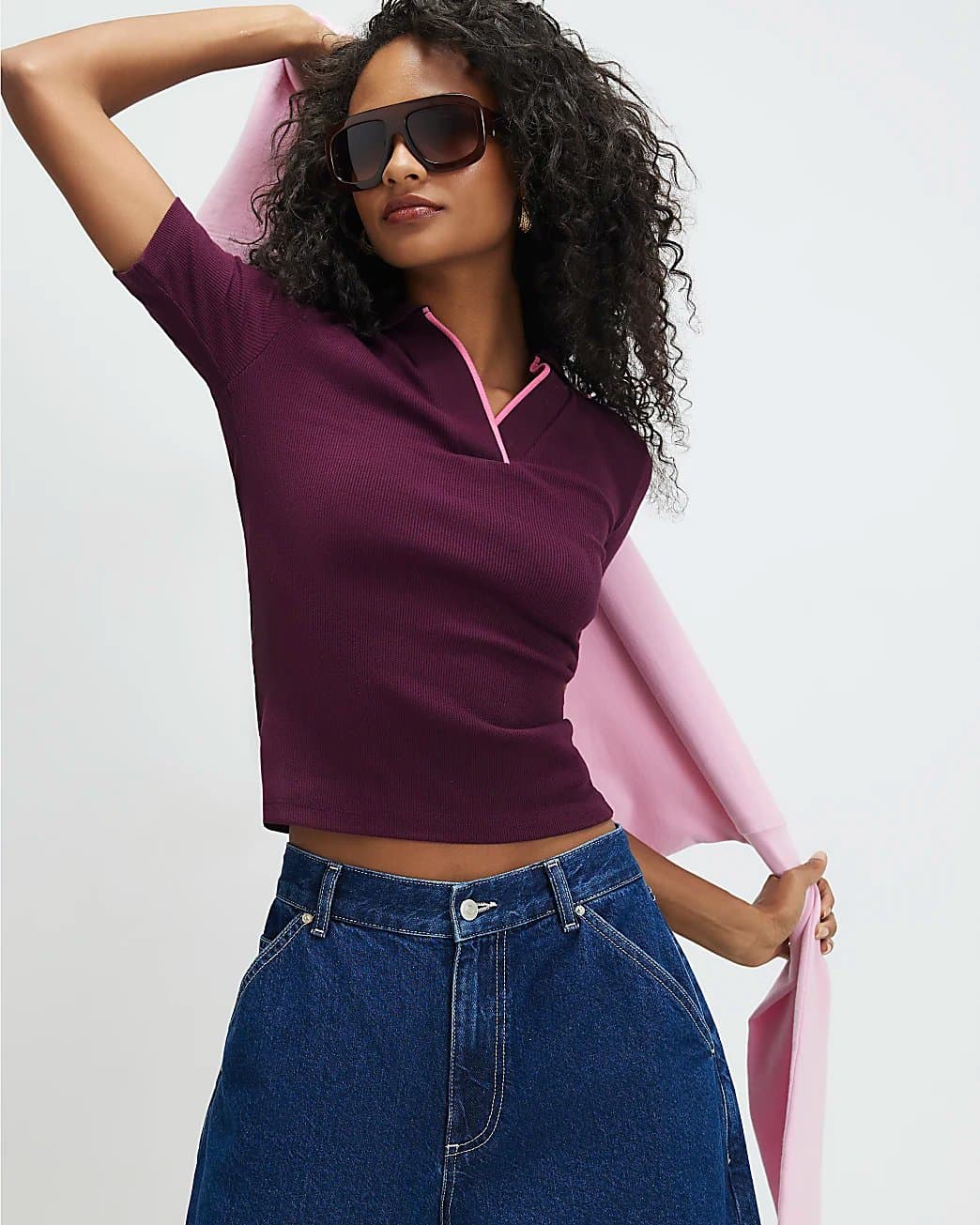 River Island River Island Womens Purple Cotton Blend Ribbed Polo Top