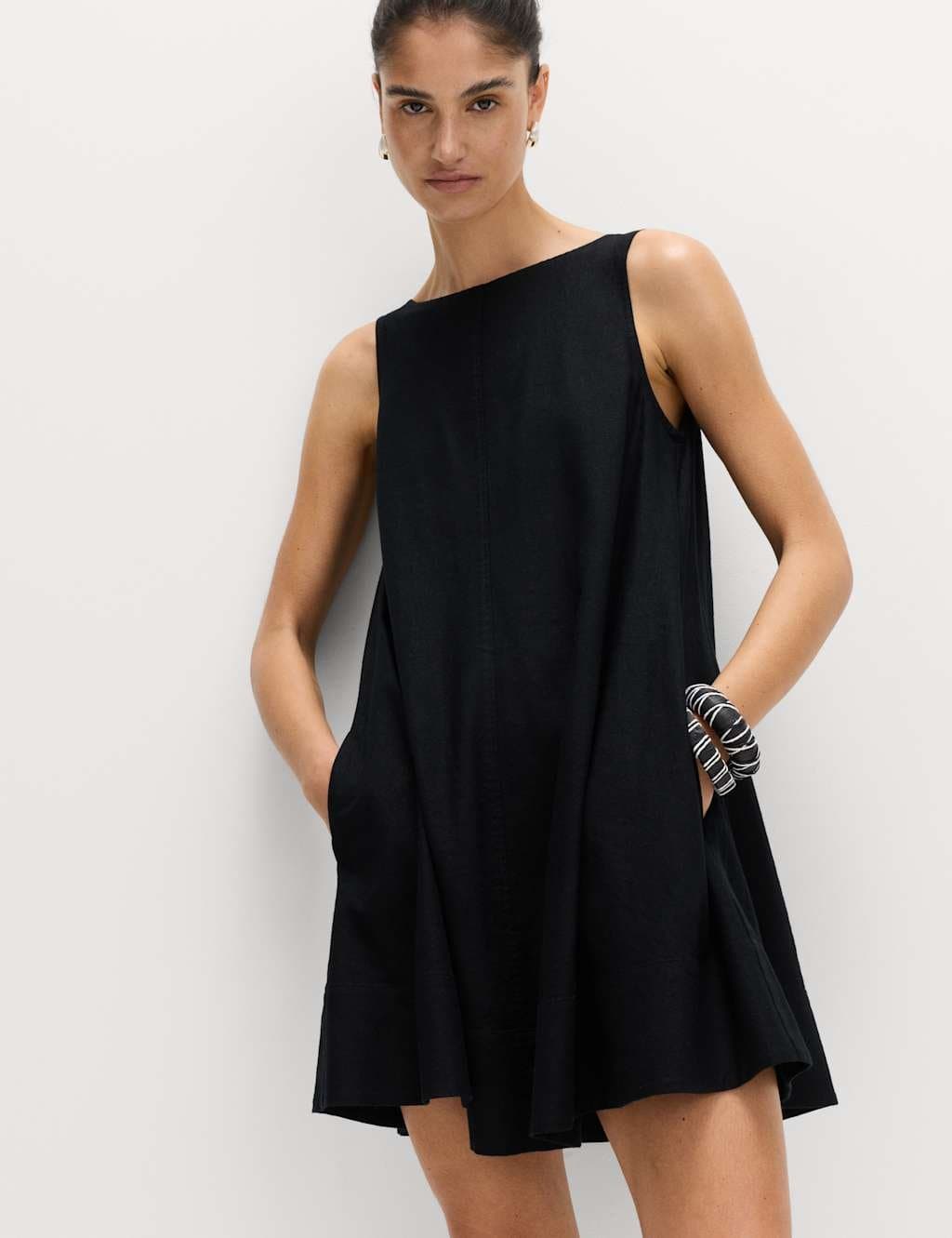 Marks & Spencer M&S Linen Rich Scoop Neck Mini Swing Dress Black