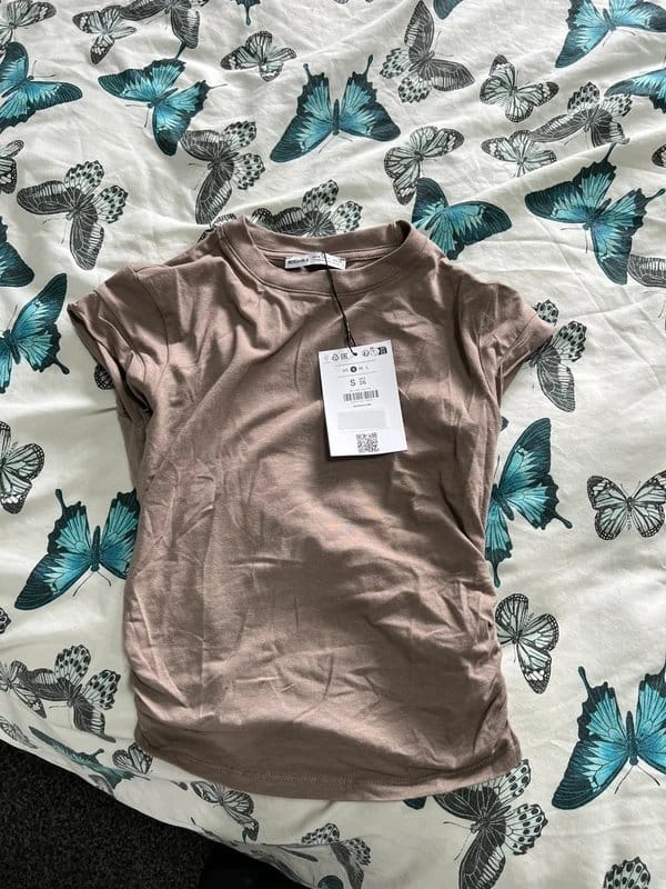 Bershka Taupe Ruched Cropped T-shirt