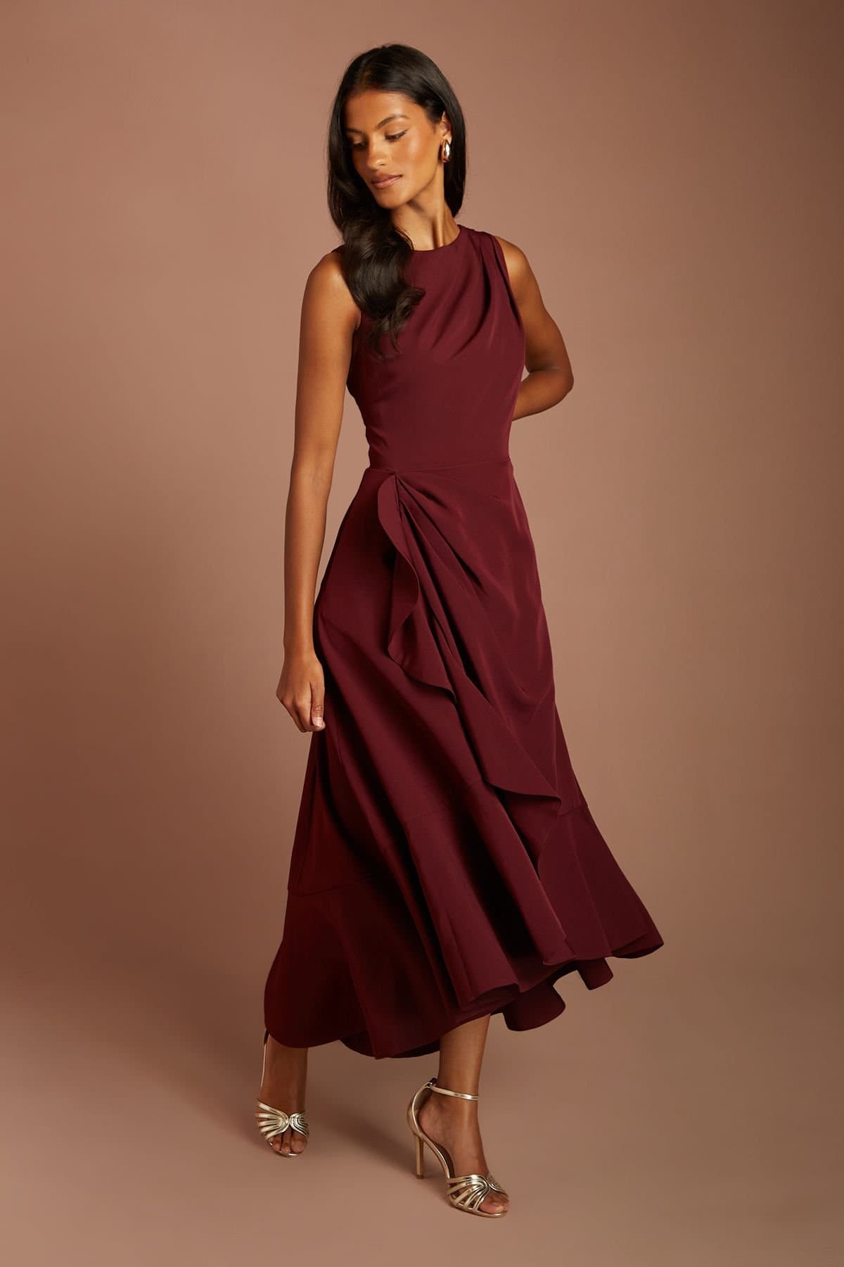 Coast Coast Women's Petite Crepe Ruffle Dress With Low Back in Oxblood