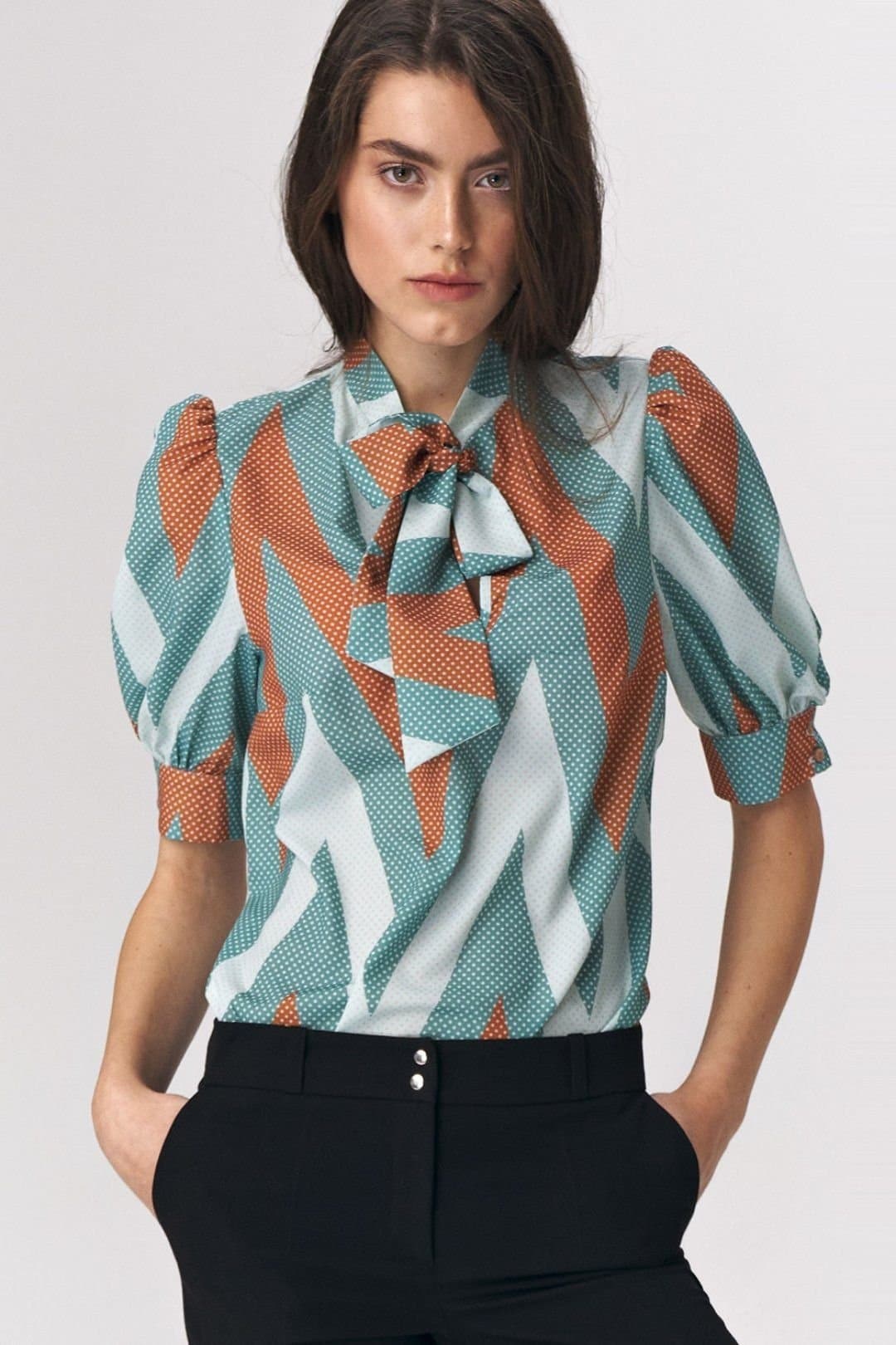 Love Lace Love Lace Women's Turquoise Zigzag Tie Neck Blouse Bustier Sleeves