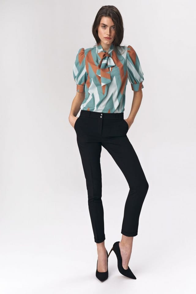 Love Lace Love Lace Women's Turquoise Zigzag Tie Neck Blouse Bustier Sleeves - 2