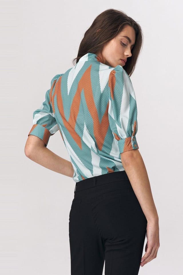 Love Lace Love Lace Women's Turquoise Zigzag Tie Neck Blouse Bustier Sleeves - 3