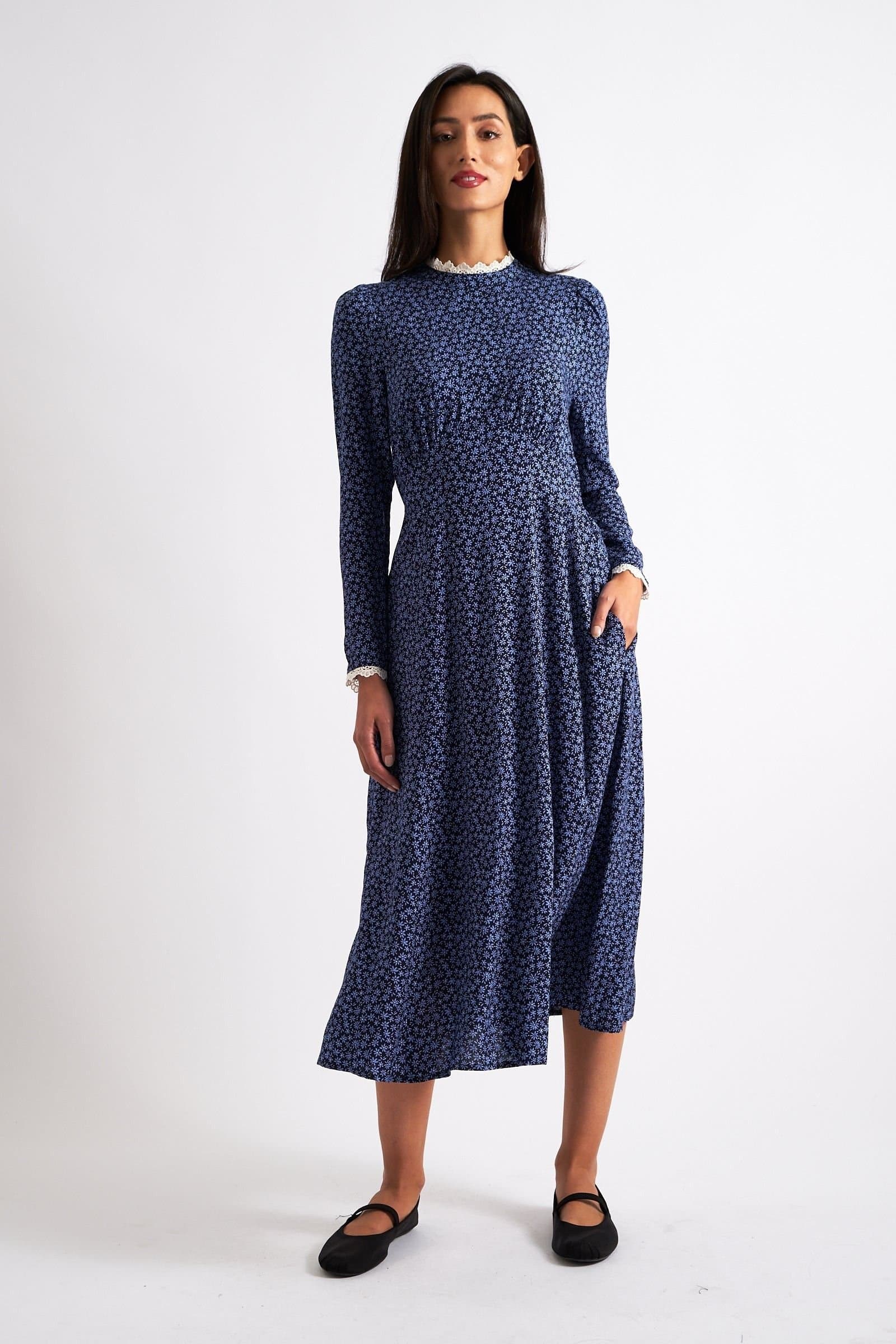 Louche Louche Women's Timothea Daisy Time Lace Trimmed Midi Dress in Blue