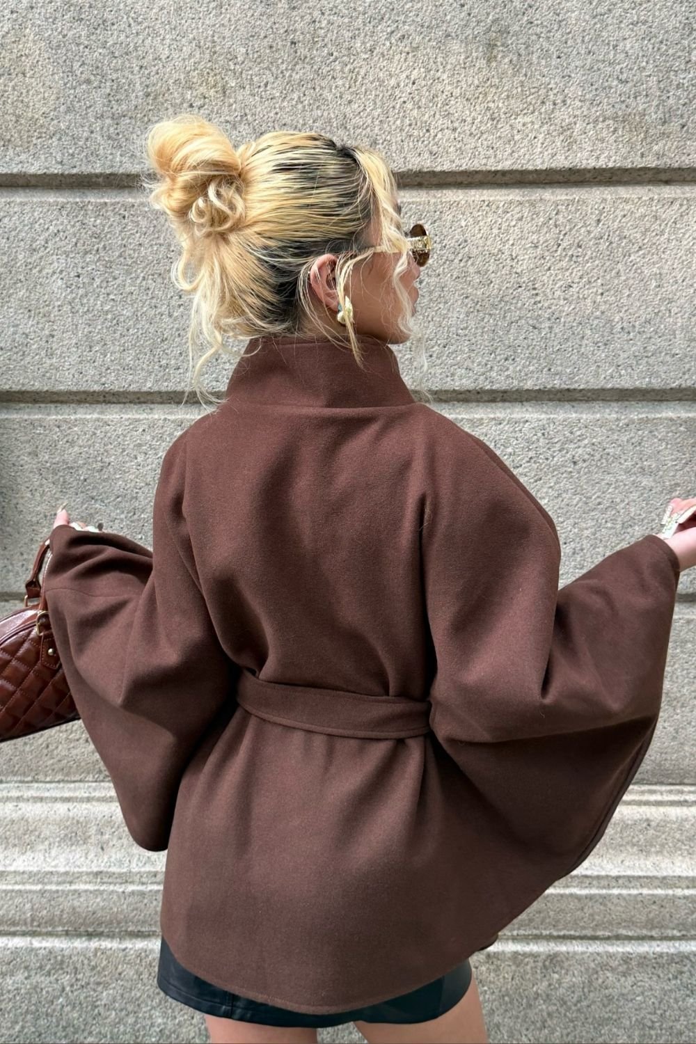 OUTTA BOX OUTTA BOX Women's Belted Sleeveless Wool Cape Coat in Chocolate - 2